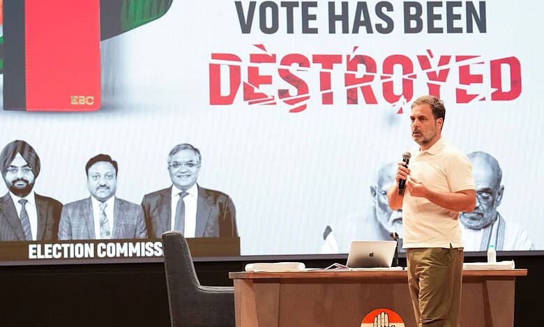 LoP in the Lok Sabha and Congress MP Rahul Gandhi addresses a press conference, at AICC HQ in New Delhi on Thursday.