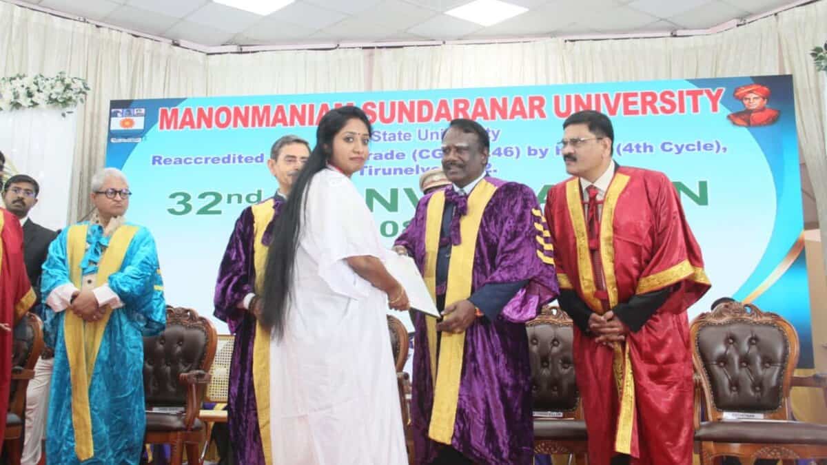 PhD. scholar Jean Joseph refuses to receive her doctorate from Tamil Nadu Governor R N Ravi (far left) during the convocation ceremony held in Manonmaniam Sundaranar University in Tirunelveli district on Wednesday