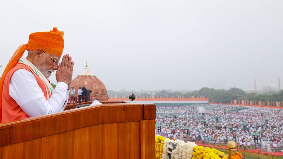 Prime Minister Narendra Modi during the 79th Independence Day celebration at the Red Fort in New Delhi on Friday (PMO via PTI Photo)