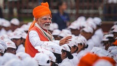 Prime Minister Narendra Modi during the 79th Independence Day celebration at the Red Fort in New Delhi on Friday (PMO via PTI Photo)