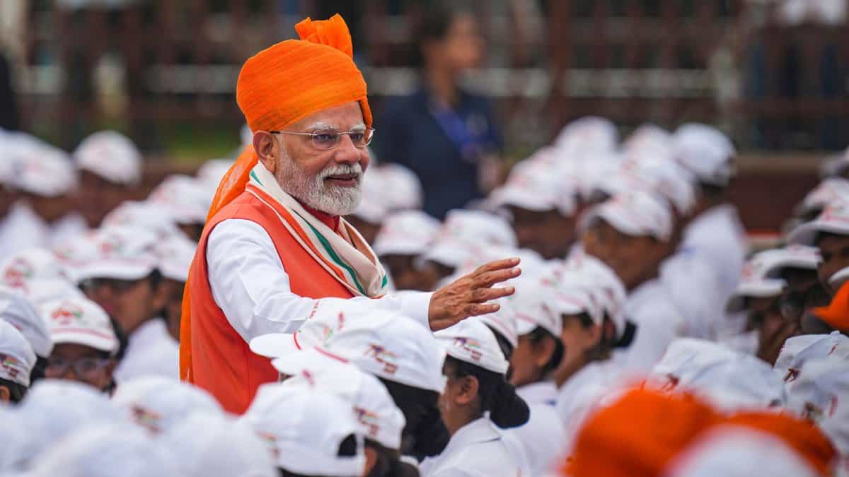Prime Minister Narendra Modi during the 79th Independence Day celebration at the Red Fort in New Delhi on Friday (PMO via PTI Photo)