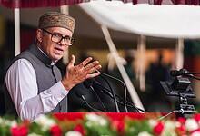 Jammu and Kashmir Chief Minister Omar Abdullah addresses the gathering during the 79th Independence Day celebration at Bakshi Stadium in Srinagar on Friday (PTI Photo/S Irfan)