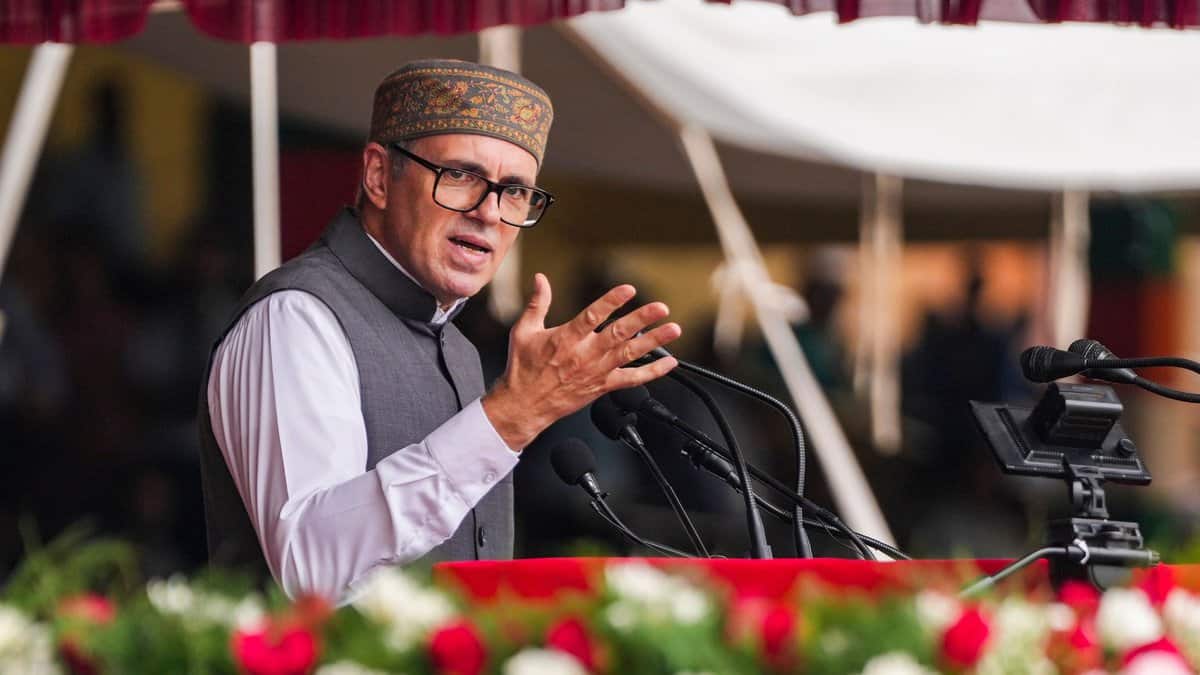 Jammu and Kashmir Chief Minister Omar Abdullah addresses the gathering during the 79th Independence Day celebration at Bakshi Stadium in Srinagar on Friday (PTI Photo/S Irfan)