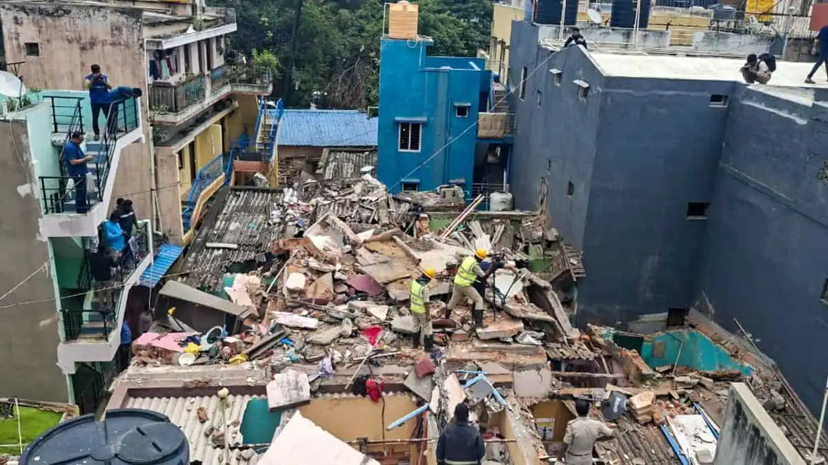 Rescue operation underway following a cylinder blast in Bengaluru on Friday.(PTI Photo)