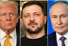 President Donald Trump (left), Ukraine's President Volodymyr Zelensky (center) and Russian President Vladimir Putin (right)