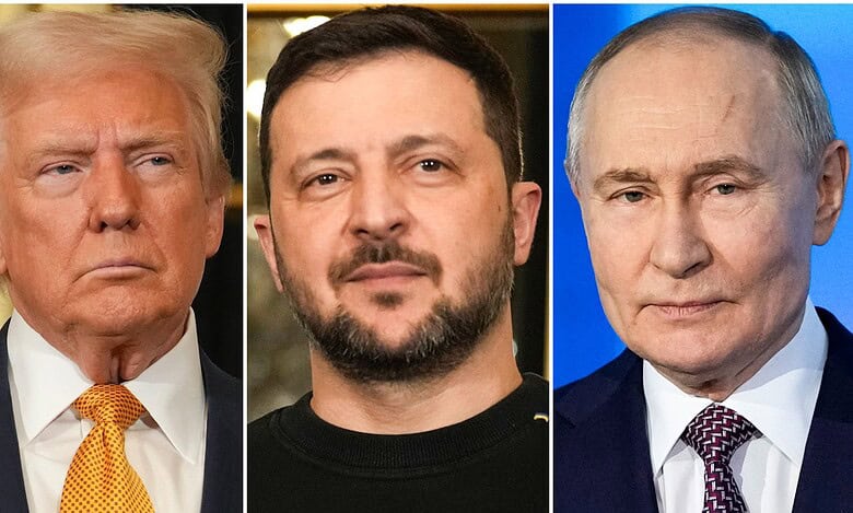 President Donald Trump (left), Ukraine's President Volodymyr Zelensky (center) and Russian President Vladimir Putin (right)