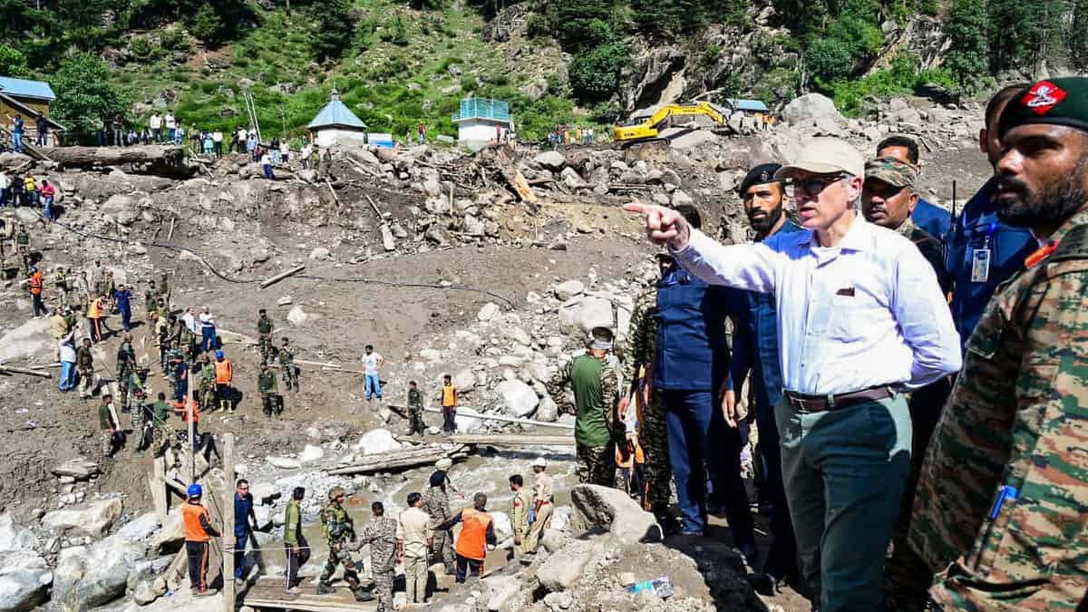 Jammu and Kashmir CM Omar Abdullah during his visit to Chisoti village after a flash flood triggered by cloudburst in Kishtwar. (PTI)