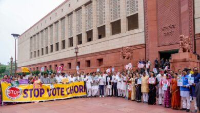RJD MP Manoj Jha with other parliamentarians from the INDIA bloc parties at a protest against the Election Commission's Special Intensive Revision (SIR) of electoral rolls in Bihar during the Monsoon session of Parliament in New Delhi on Monday (PTI Photo/Ravi Choudhary)