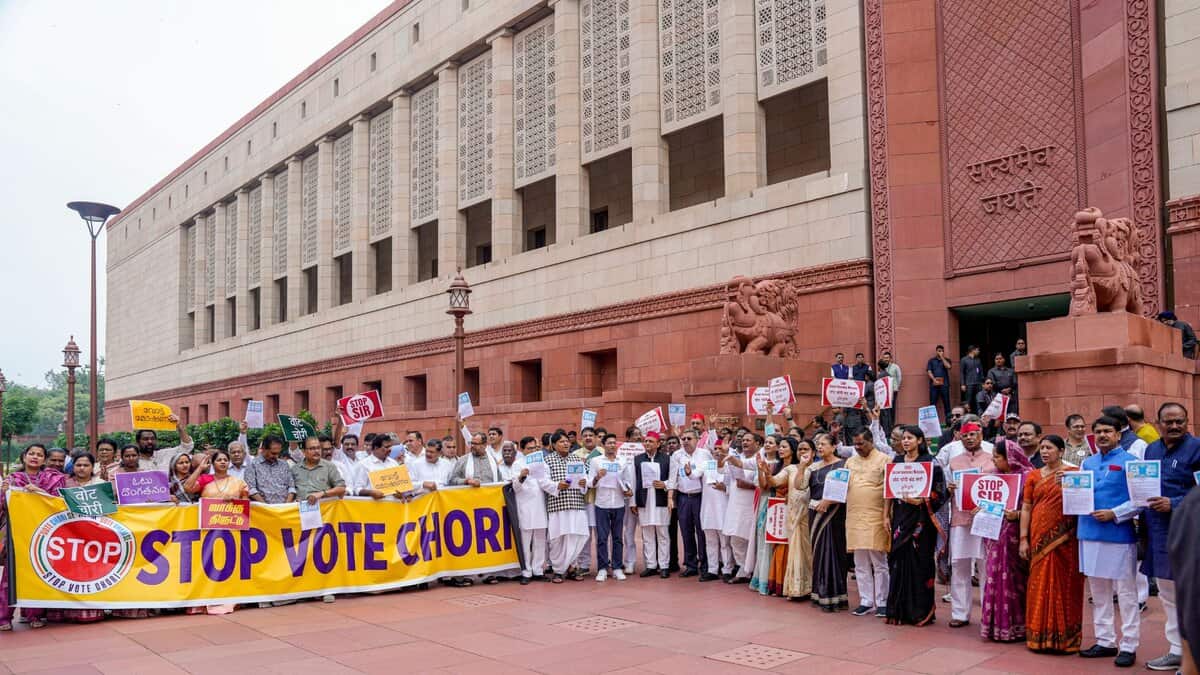RJD MP Manoj Jha with other parliamentarians from the INDIA bloc parties at a protest against the Election Commission's Special Intensive Revision (SIR) of electoral rolls in Bihar during the Monsoon session of Parliament in New Delhi on Monday (PTI Photo/Ravi Choudhary)