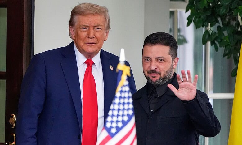 President Donald Trump (left) greets Ukraine's President Volodymyr Zelenskyy as he arrives at the White House in Washington on Monday. AP/PTI
