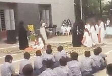 Burqa-clad girls carrying “guns” enter the scene and “shoot” the others in a skit during Independence Day celebrations. The incident occurred in a primary school in gujarat