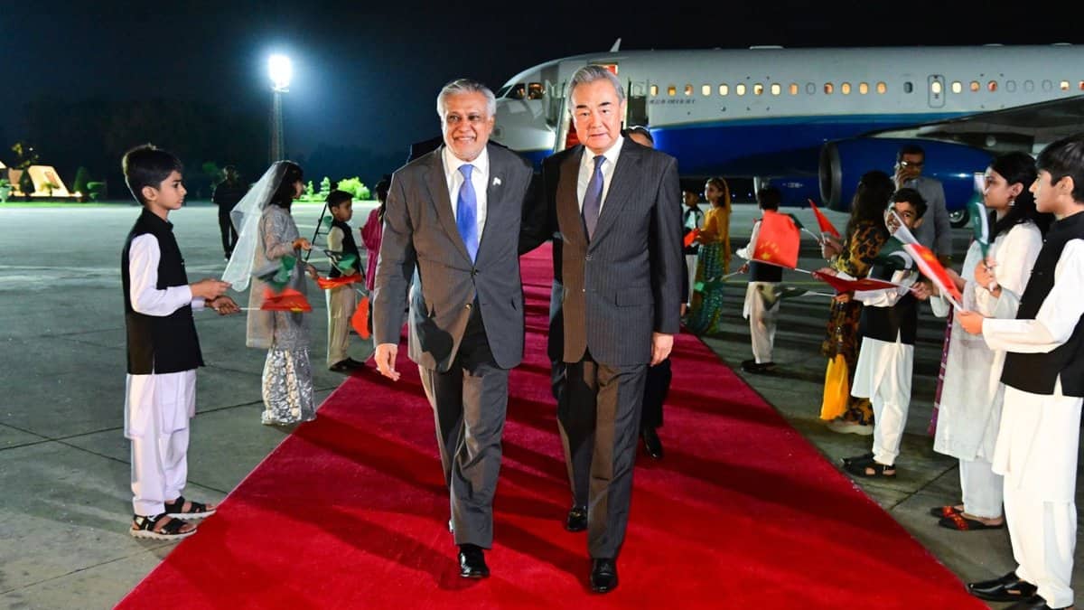 Pakistan Foreign Minister Ishaq Dar welcomes his Chinese counterpart Wang Yi in Islamabad