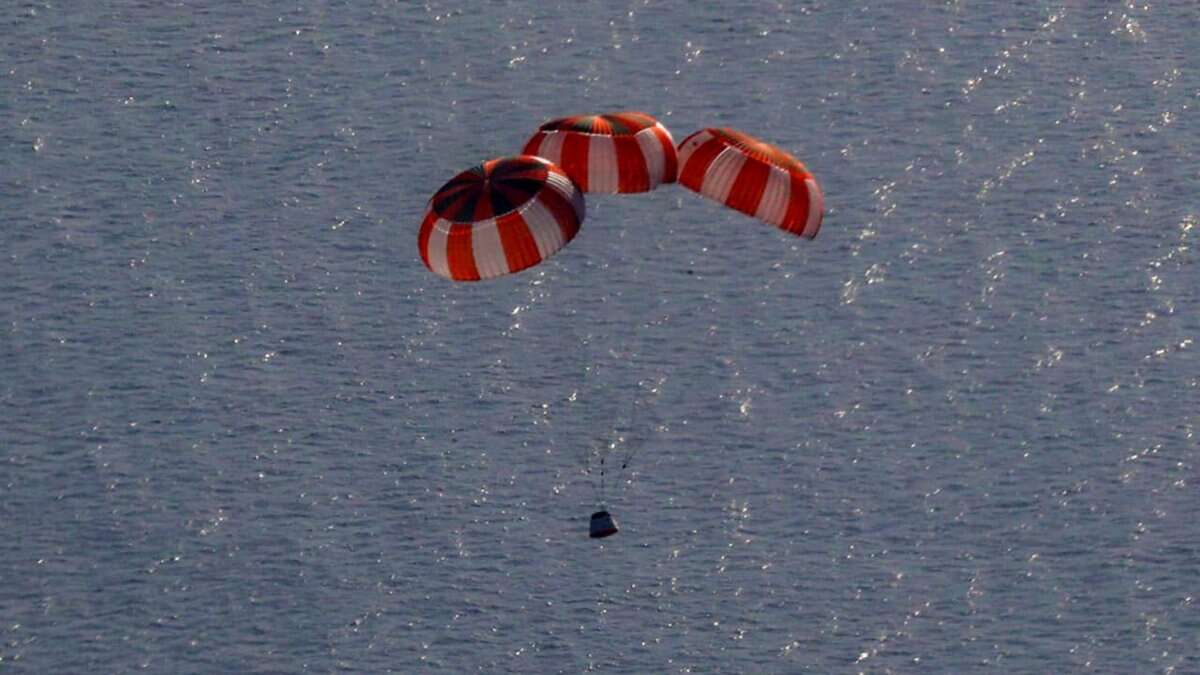 ISRO successfully accomplishes first Integrated Air Drop Test (IADT-01) for end to end demonstration of parachute based deceleration system for Gaganyaan missions. (@isro/X via PTI Photo)