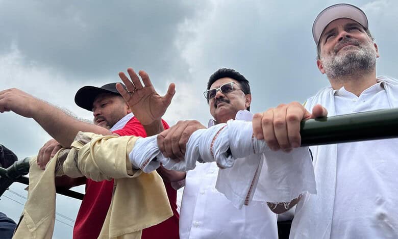 Tamil Nadu Chief Minister M K Stalin with Congress leader Rahul Gandhi and RJD leader Tejashwi Yadav at the Vote Adhikari Yatra in Bihar on Wednesday