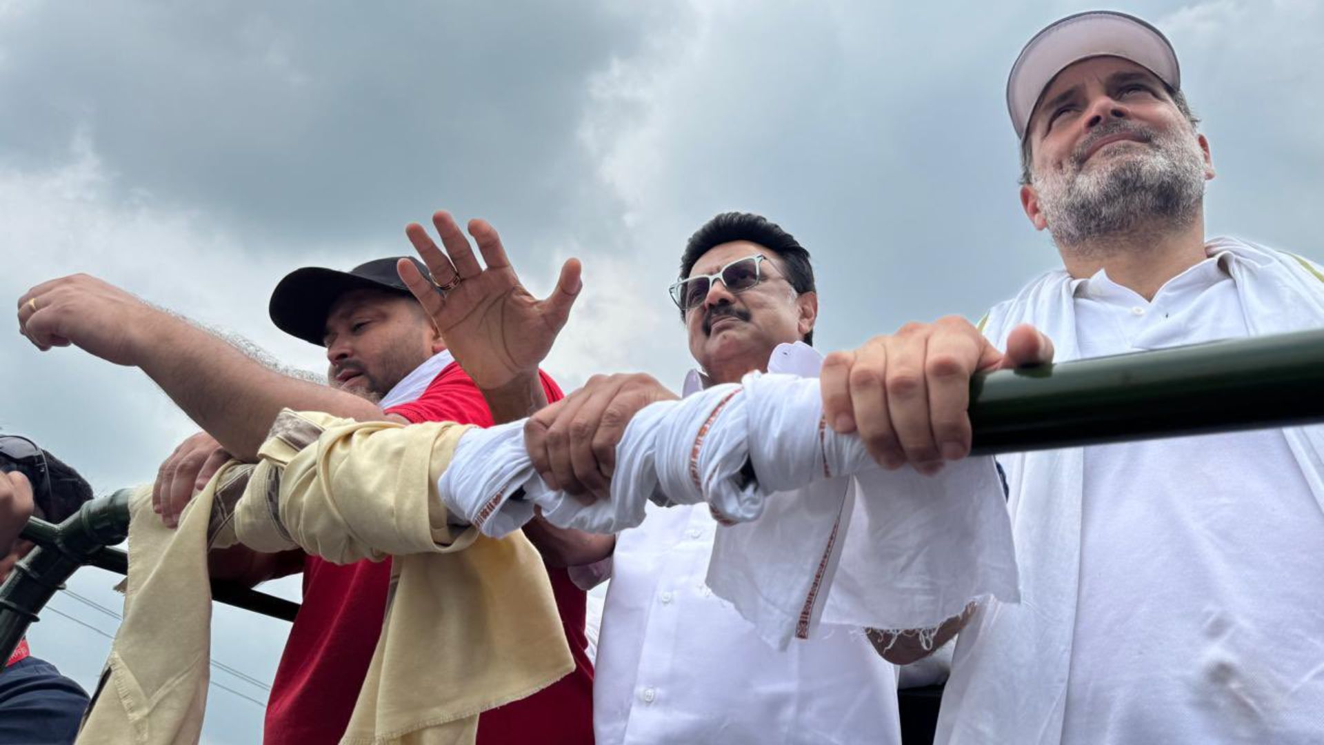 Tamil Nadu Chief Minister M K Stalin with Congress leader Rahul Gandhi and RJD leader Tejashwi Yadav at the Vote Adhikari Yatra in Bihar on Wednesday