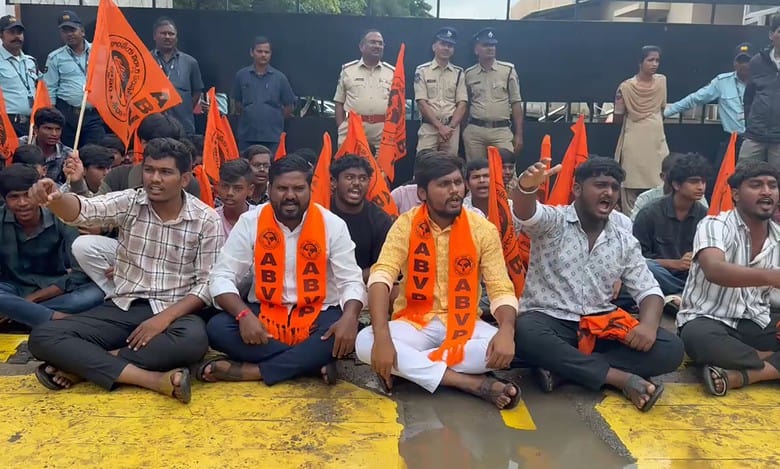 ABVP students protest in front of Mahindra University demanding the arrest of its vice chancellor over allegations of drug abuse
