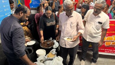 Staff staged a ‘beef festival’ outside the office of a Canara Bank branch in Kochi