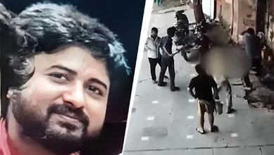Yogendra Yadav (left) and CCTV footage of the murder (right)