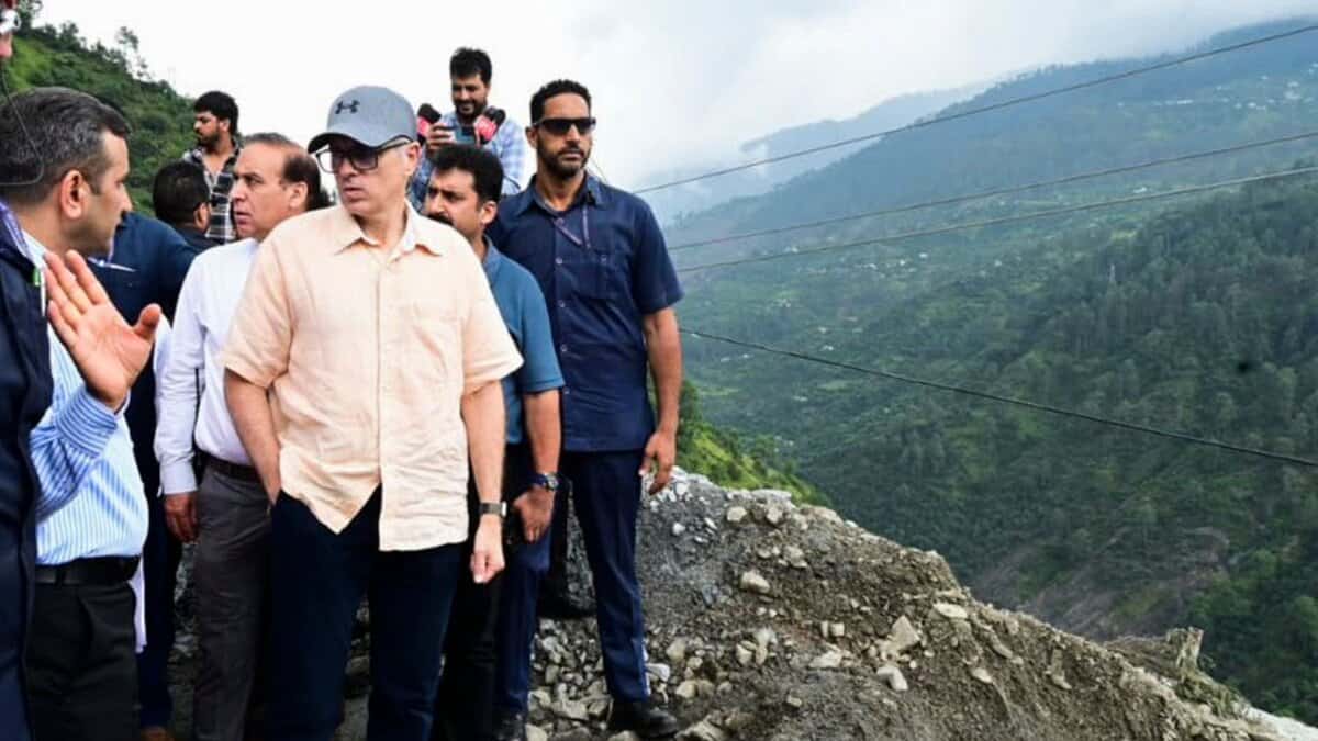 Jammu and Kashmir CM Omar Abdullah reviews the road condition and restoration works following heavy rainfall, in Ramban. (@CM_JnK/X via PTI Photo)