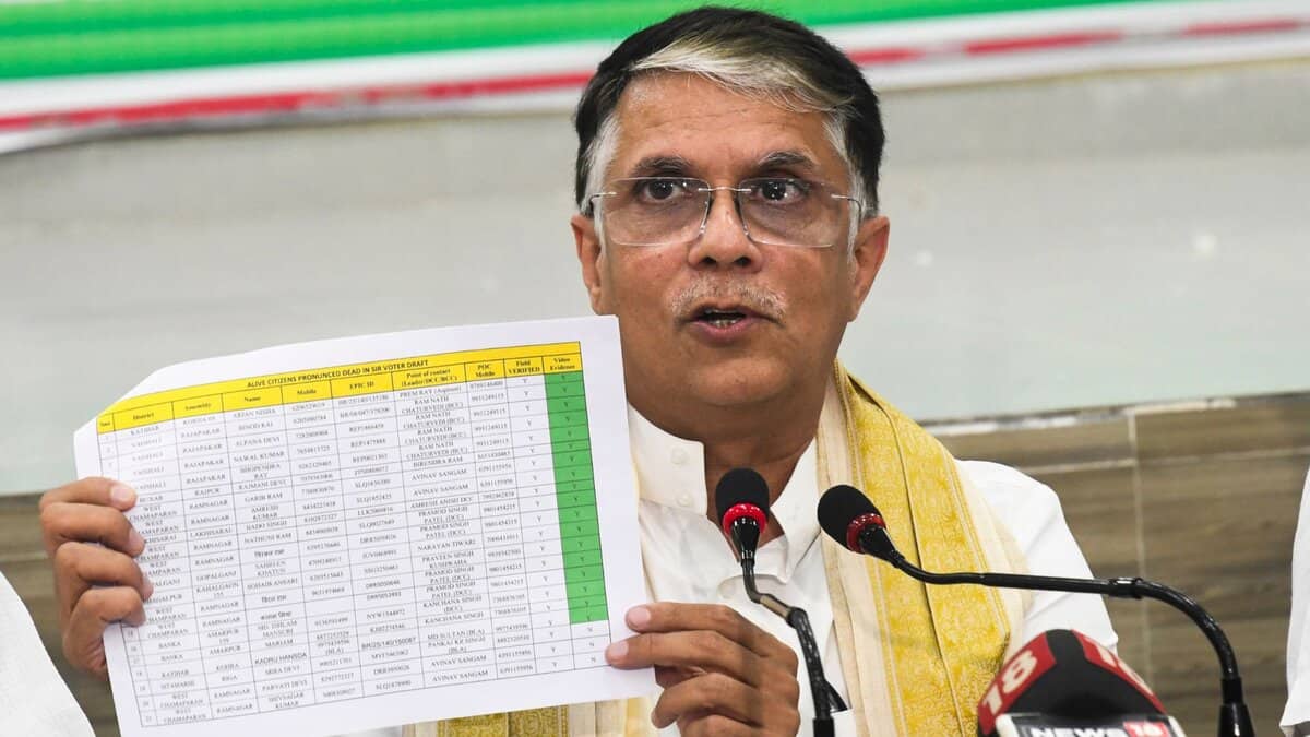 Congress leader Pawan Khera addresses a press conference in Patna on Sunday (PTI Photo)
