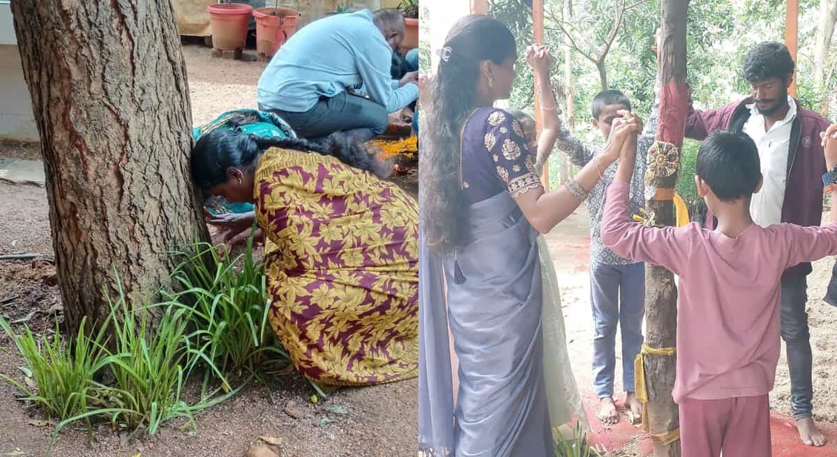 Students in educational institutions tie Rakhis to trees celebrating 'Vrukshabandhan' as part of 'Rakshabandhan' this year.