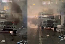 A jeep on fire near Madina building in Hyderabad on Wednesday