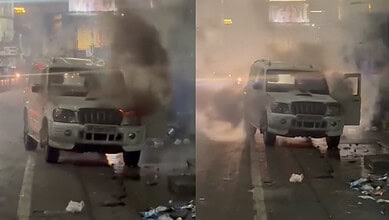 A jeep on fire near Madina building in Hyderabad on Wednesday