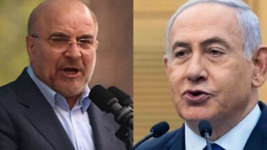 Iranian speaker Ghalibaf (left) and Israeli Prime Minister Netanyahu (right) during separate addresses.