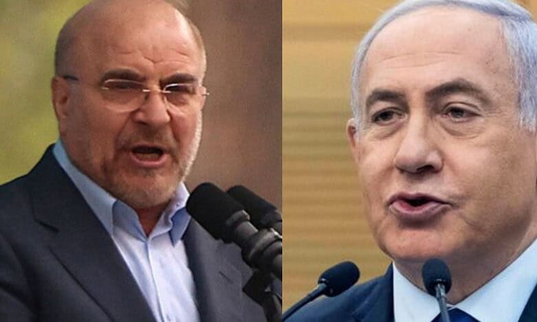 Iranian speaker Ghalibaf (left) and Israeli Prime Minister Netanyahu (right) during separate addresses.