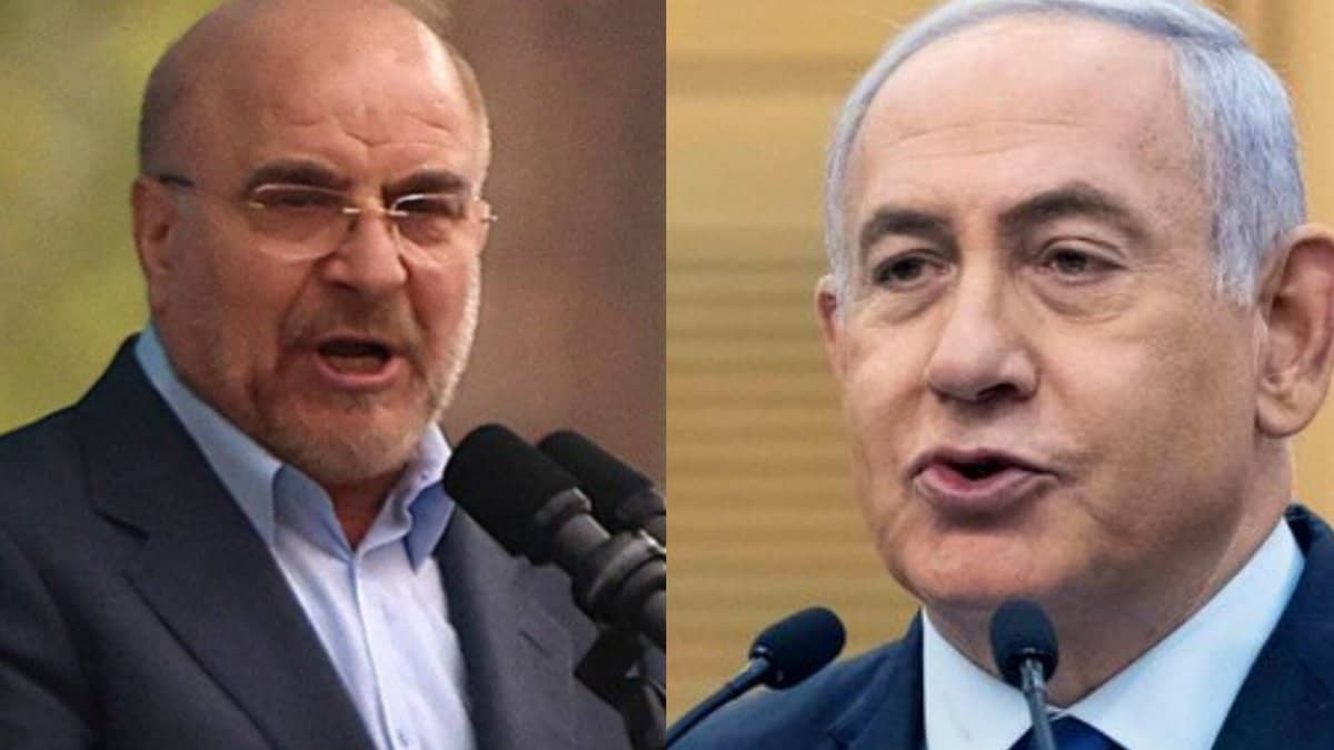 Iranian speaker Ghalibaf (left) and Israeli Prime Minister Netanyahu (right) during separate addresses.