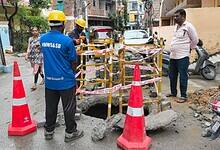 Damaged manhole at Pragathi nagar has caused stagnation of sewage in the area