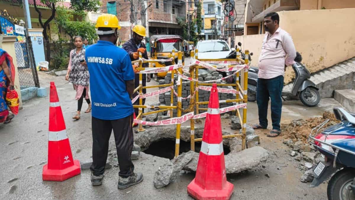 Damaged manhole at Pragathi nagar has caused stagnation of sewage in the area