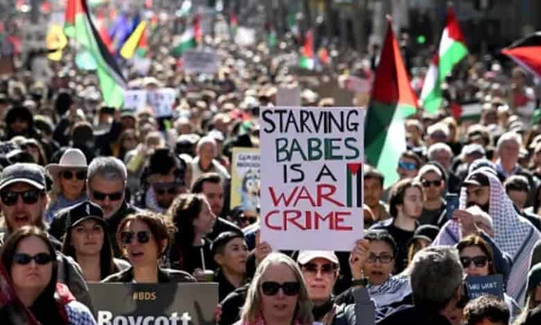 Crowds at a pro-Palestinian rally in Melbourne holding flags and banners on August 24, 2025.