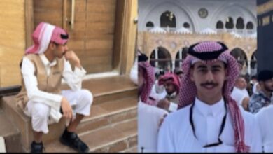 Side-by-side images of 20-year-old Mohammed Yousef Alqassem, a Saudi student. On the left, he is seated on steps in traditional attire; on the right, he is smiling while standing near the Kaaba in Makkah.