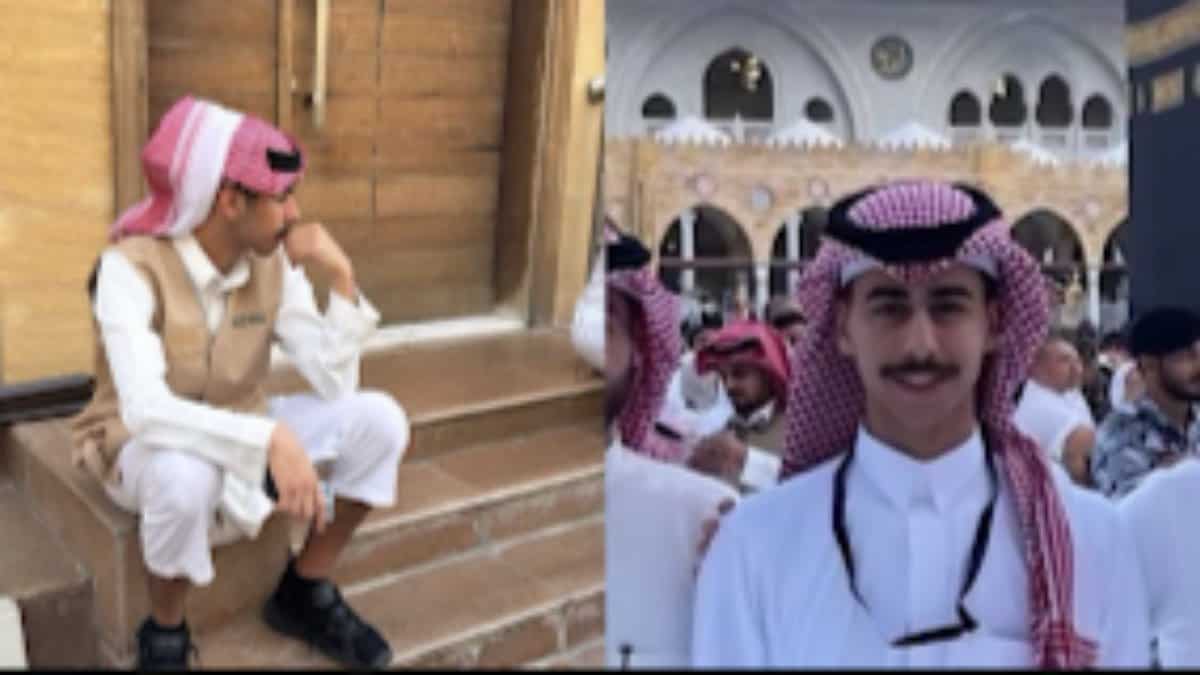 Side-by-side images of 20-year-old Mohammed Yousef Alqassem, a Saudi student. On the left, he is seated on steps in traditional attire; on the right, he is smiling while standing near the Kaaba in Makkah.