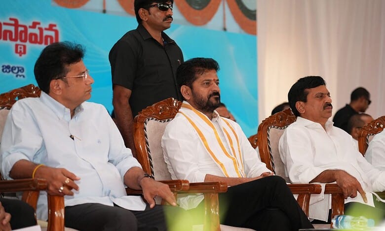 Image of Telangana CM Revanth Reddy with others during the foundation stone laying of the Integrated Sub-Registrar offices in Gachibowli/