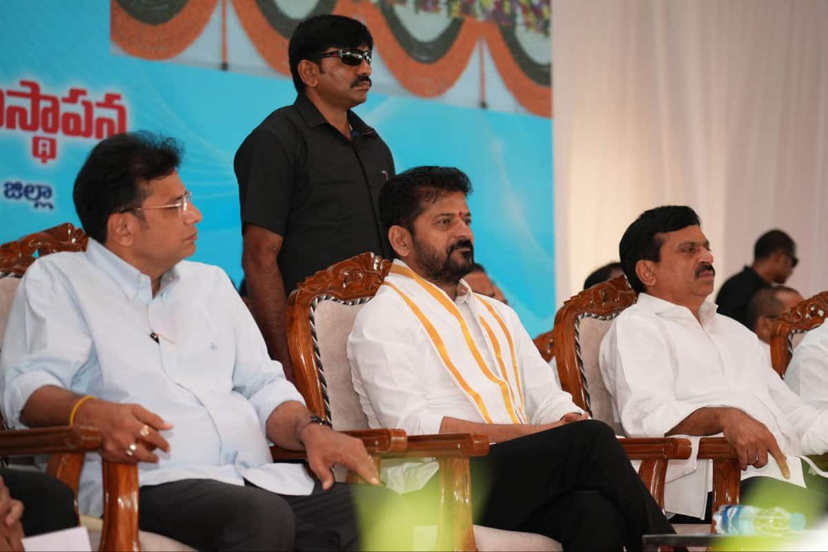 Image of Telangana CM Revanth Reddy with others during the foundation stone laying of the Integrated Sub-Registrar offices in Gachibowli/