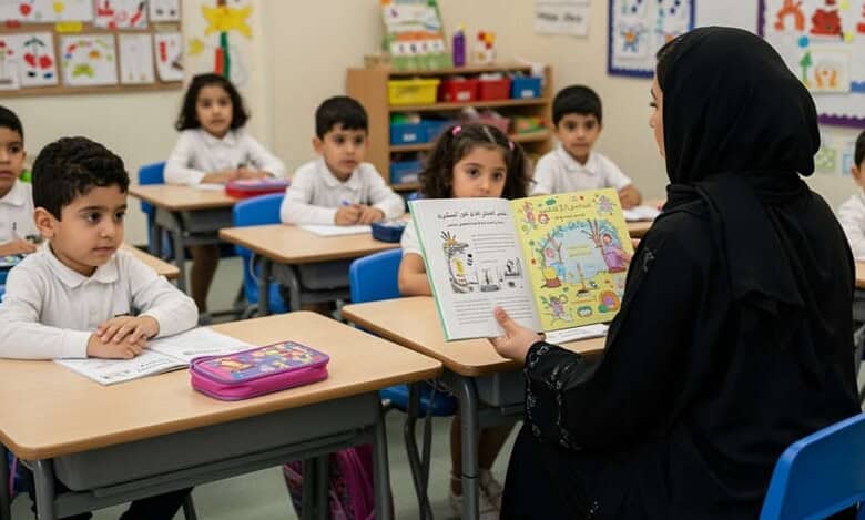 Teacher in black abaya reading a colourful Arabic storybook to young students in a UAE classroom.