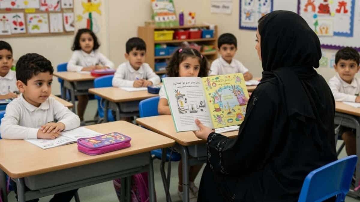 Teacher in black abaya reading a colourful Arabic storybook to young students in a UAE classroom.