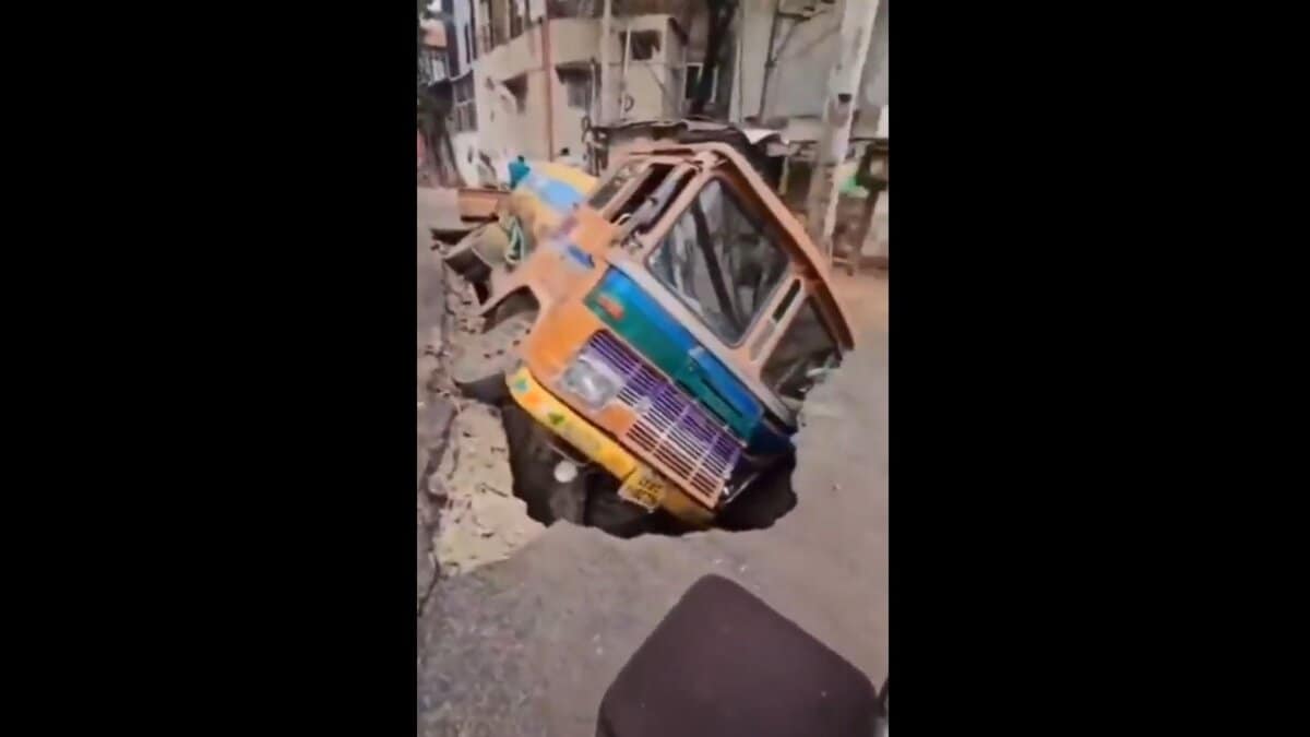 Road caves in, water tanker plunges into drain in Hyderabad