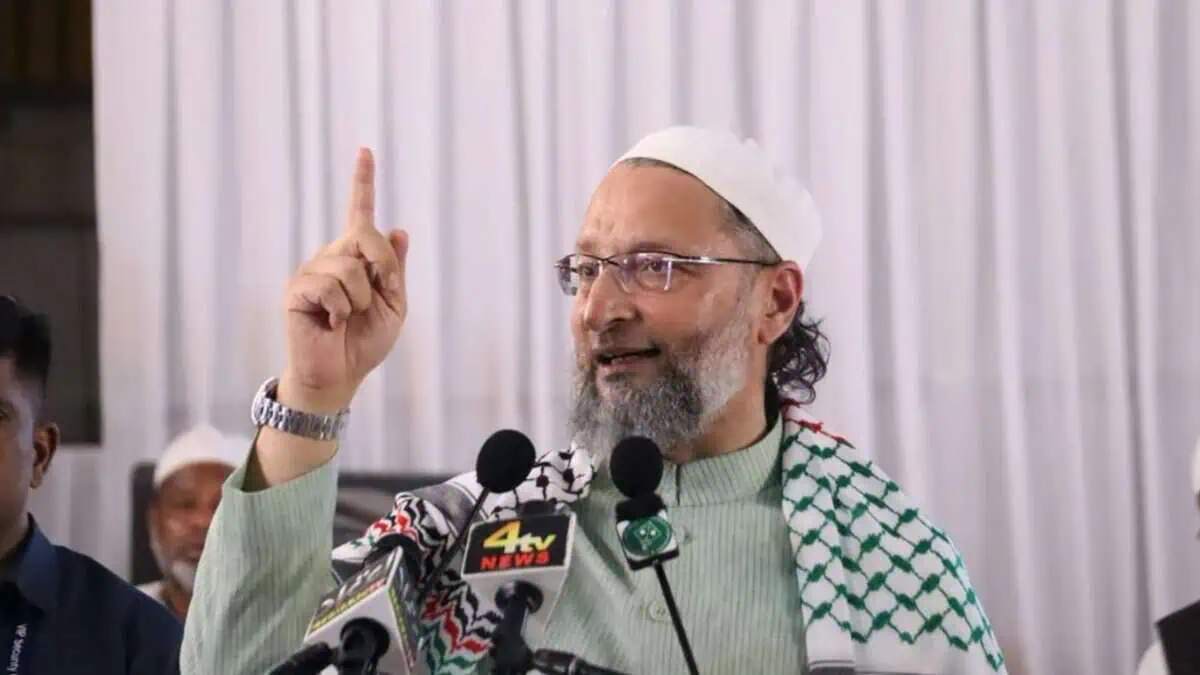 Asaduddin Owaisi addresses a meeting at Darussalaam in Hyderabad