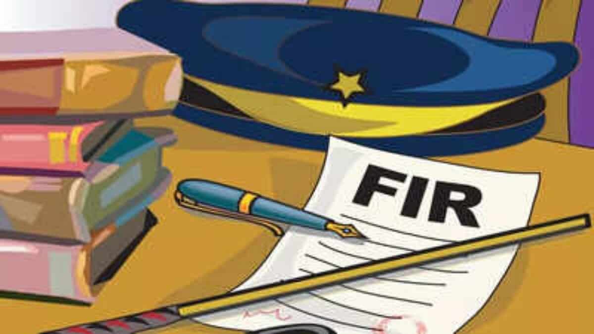 Illustration of a police cap, pen, and a first information report (FIR) document on a desk next to stacked books.