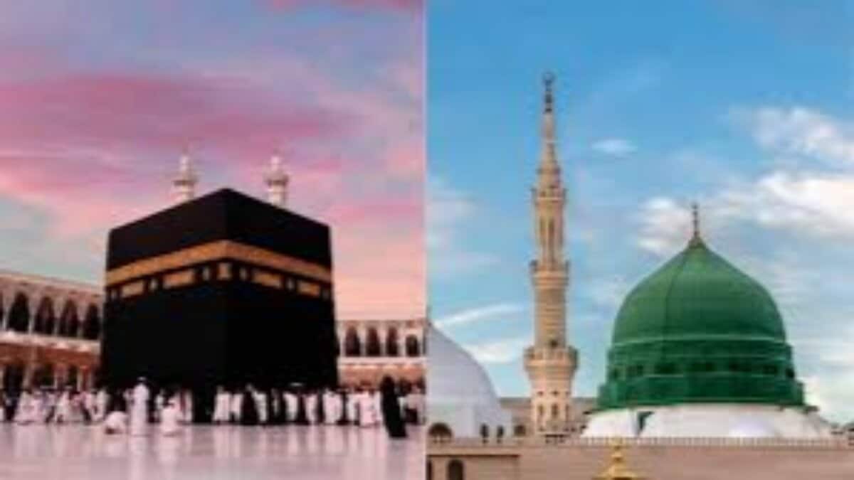 Image showing the Grand Mosque in Makkah (left) with the Kaaba, and the Prophet's Mosque in Madinah (right) with its green dome and minaret.