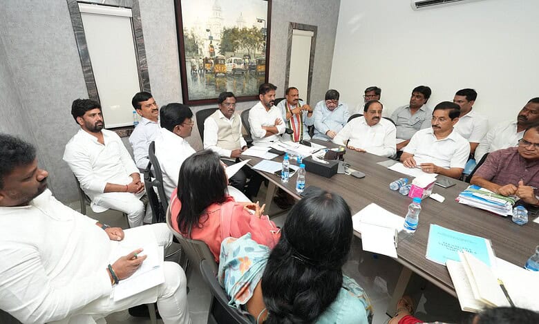 The image shows Telangana CM A Revanth Reddy holding a meeting with key Congress leaders on the Jubilee hills bypoll in Hyderabad on Sunday, September 14, 2025.