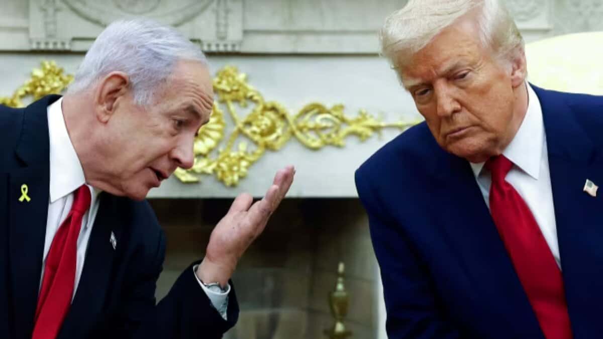 Israeli Prime Minister Benjamin Netanyahu speaks with US President Donald Trump during a meeting.