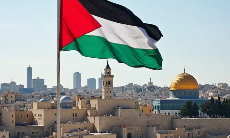 Palestinian flag waving with Al Aqsa Mosque dome in Jerusalem in the background.