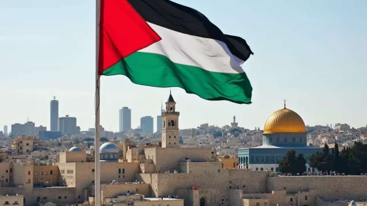 Palestinian flag waving with Al Aqsa Mosque dome in Jerusalem in the background.