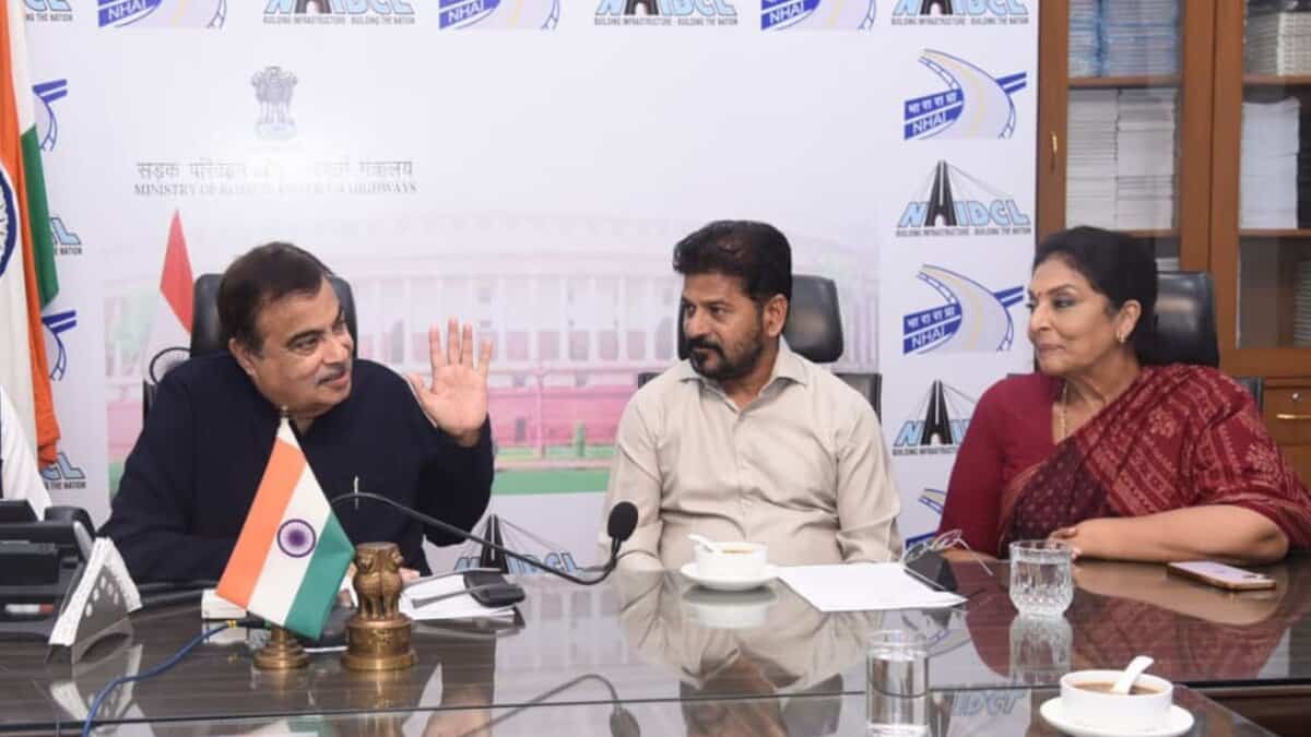 The image shows Telangana CM A Revanth Reddy meeting Union road transport and highways minister Nitin Gadkari in New Delhi on Tuesday, September 9, 2025.