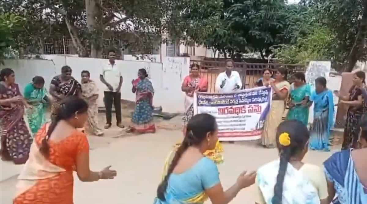 Daily wage workers perform Bathukamma dance in Nagarkurnool, demanding payment of dues