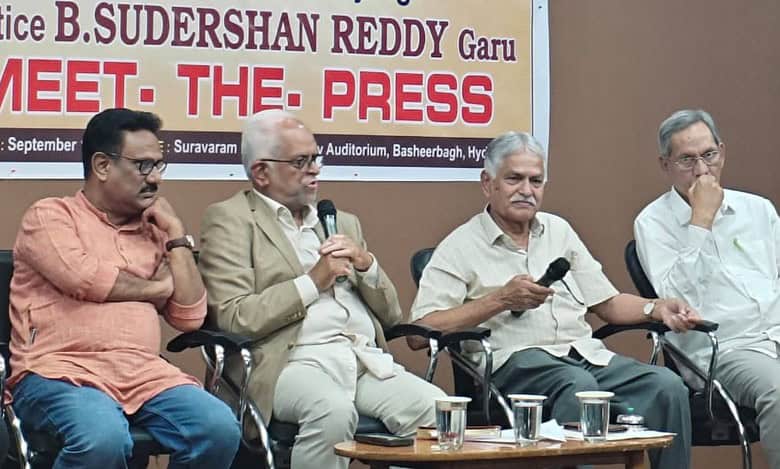 The image shows INDIA Bloc's vice-presidential candidate interacting with media persons at Basheerbagh Press Club on Monday, September 1, 2025.